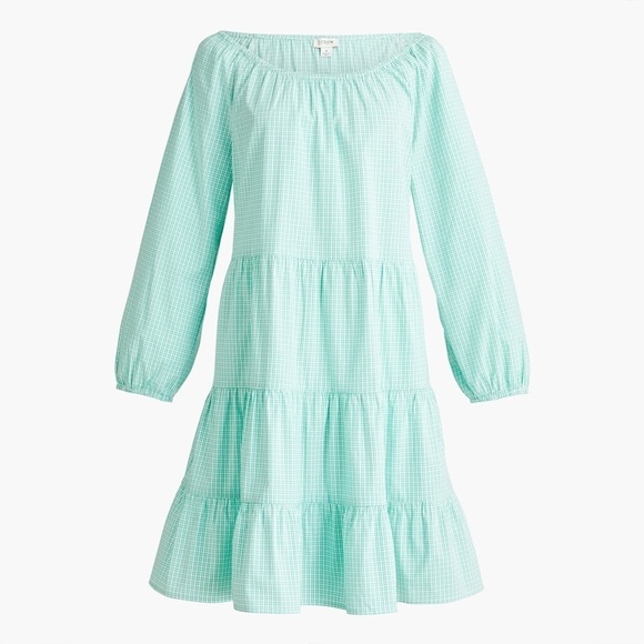 J.Crew || Gingham Cotton Poplin Raglan Tiered Mini Dress Green Large - Picture 1 of 8
